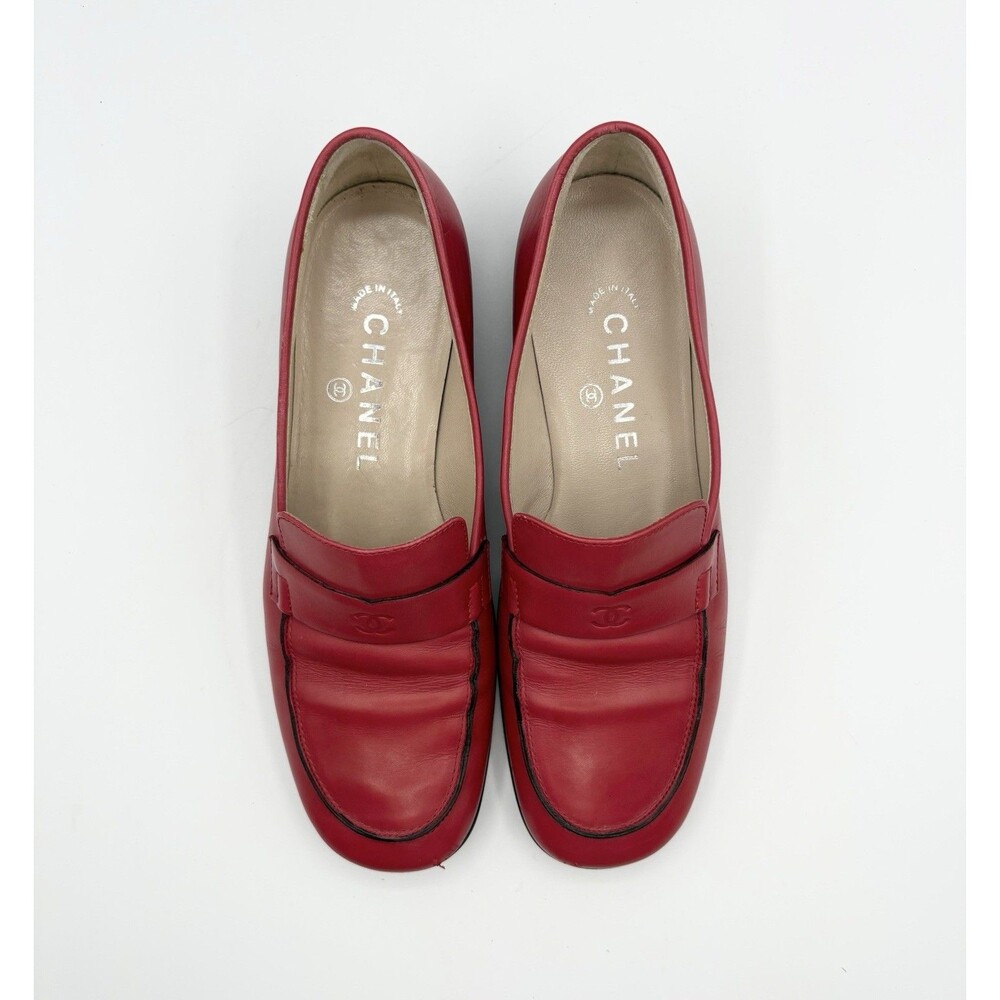 Chanel Red Calf Leather Loafers CC Logo Vintage Black Trim Y2K Sz EU 36 - Picture 2 of 14